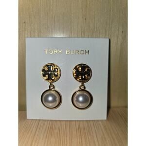 Tory Burch Livia Gold Double T Logo w/Pearl Drop Stud Earrings NEW w/Card